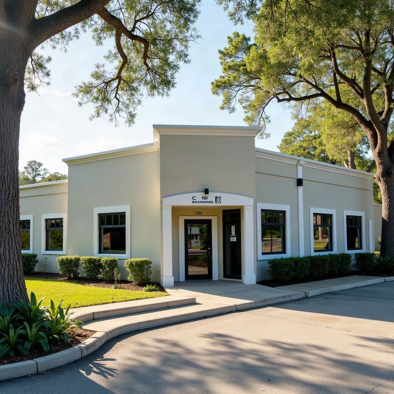 Freshly painted small commercial office building exterior in south Louisiana, clean neutral walls with crisp white trim, afternoon light, palm and live oak tree